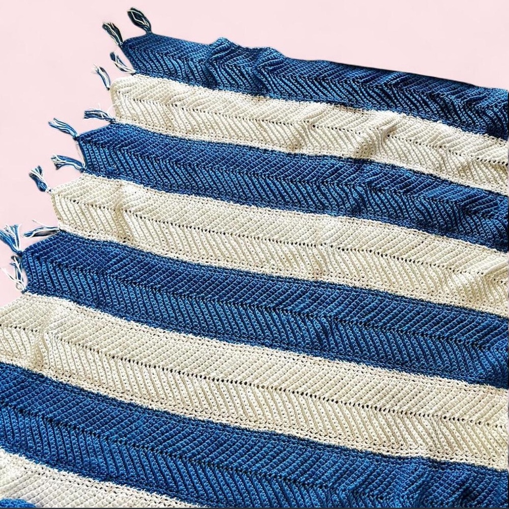 Handmade Blue and White Striped Crochet Blanket